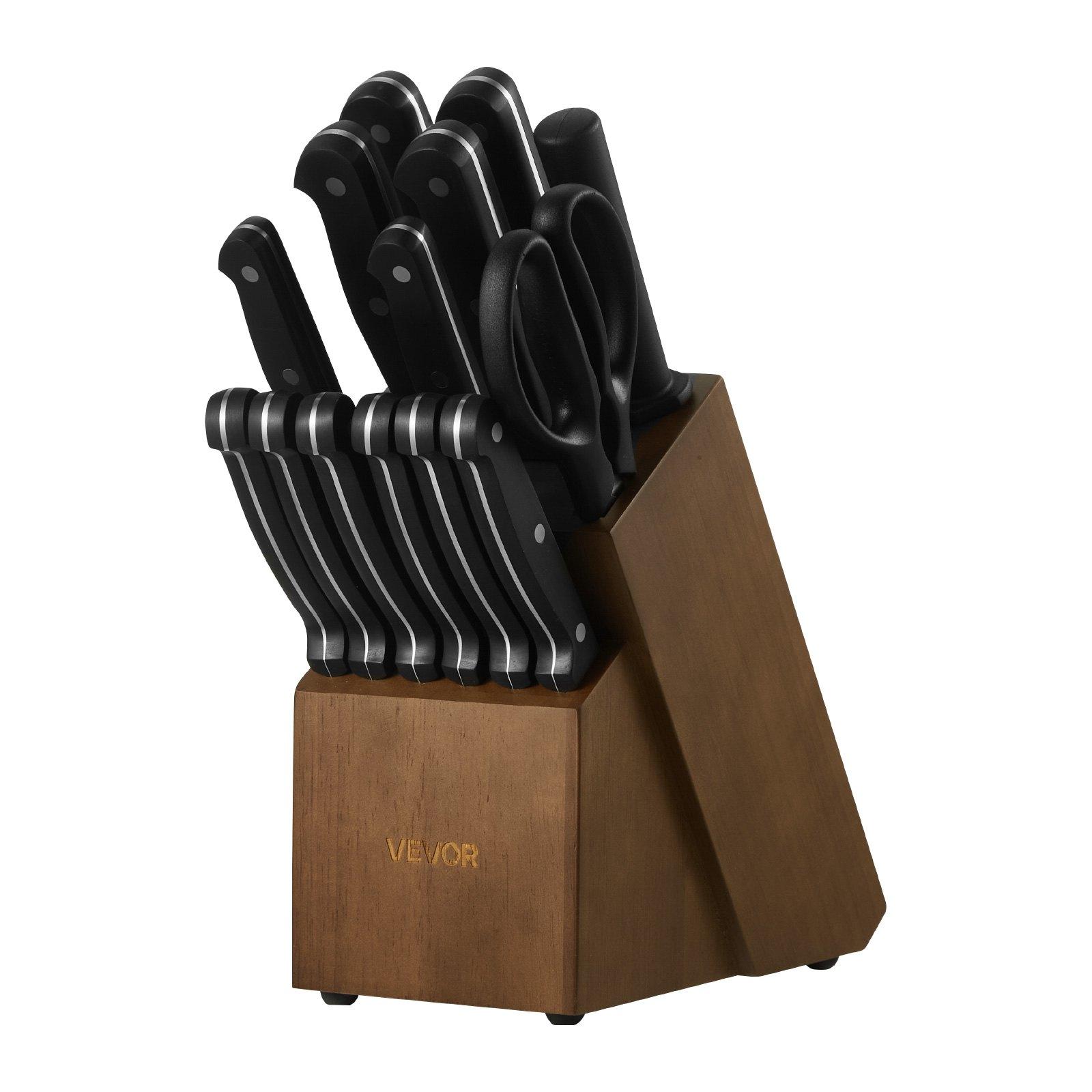 VEVOR Kitchen Knife Set with Block and Sharpener, 15 Piece German High Carbon Stainless Steel Knife Set, Kitchen Cutlery with ABS Ergonomic Handle, Sharpening Rod and Wooden Block, for Home Cooks VEVOR Kitchen Knife Set with Block and Sharpener, 15 Piece German High Carbon Stainless Steel Knife Set, Kitchen Cutlery with ABS Ergonomic Handle, Sharpening Rod and Wooden Block, for Home Cooks