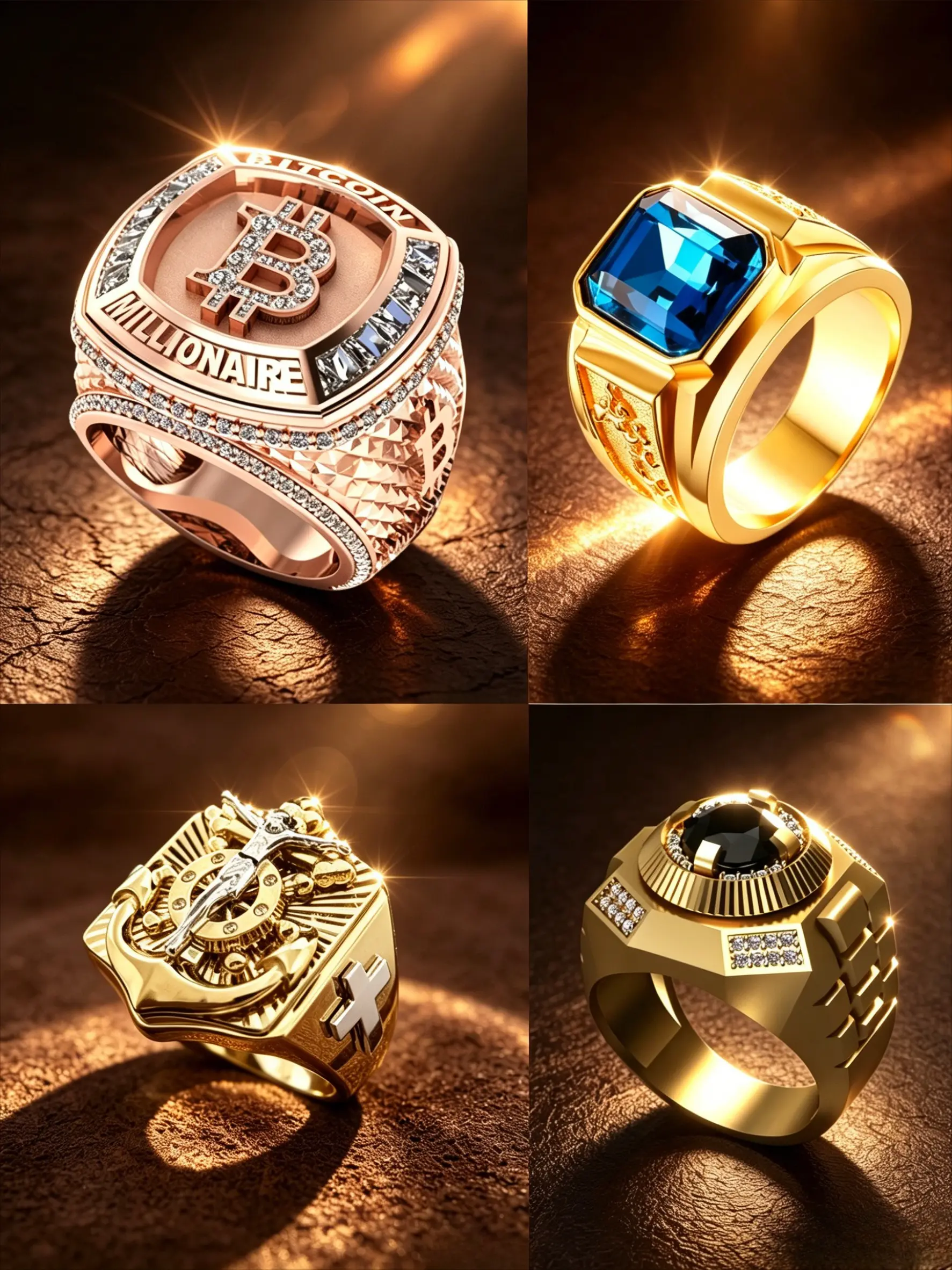 4Pcs Men Luxury Signet Ring Set, Stainless Steel Rose Gold & Gold Wide Band, Bitcoin, Square Sapphire, Jesus Crucifix, Round Black Onyx Statement Rings, Tarnish Resistant Hypoallergenic Business Religious Wealth Jewelry Gift For Him