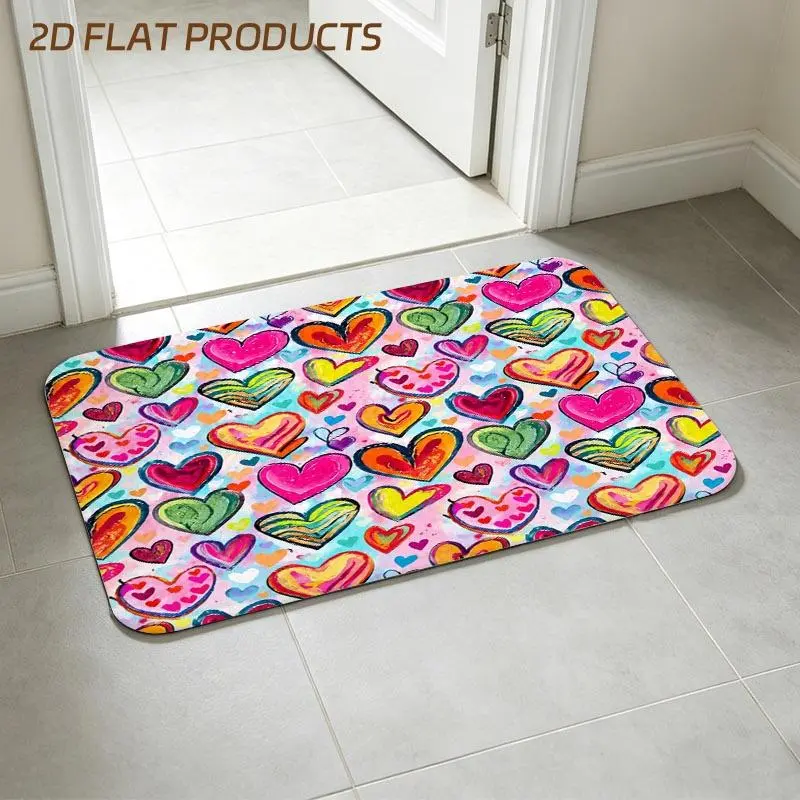 Vibrant Seamless Multicolor Heart Print Entry Doormat, Light Pink Background Playful Whimsical Decorative Pad, Multiple Specifications Available, Perfect for Entryway, Porch & Daily Home Entrance Use