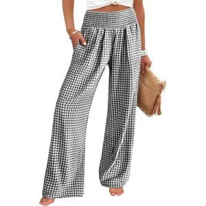 Womens Palazzo Pants, Striped & Gingham, Lounge & Casual, Cute Pajama Pants, Wide Leg, High Waisted, Pockets