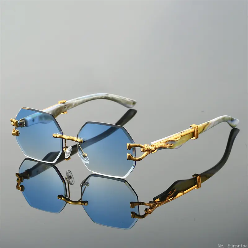 Unisex Retro Rimless Cut-Edge Lens Sunglasses with Leopard Head Decor, UV Protection Eyewear, Casual Wear Fashion Accessory for Street Styling