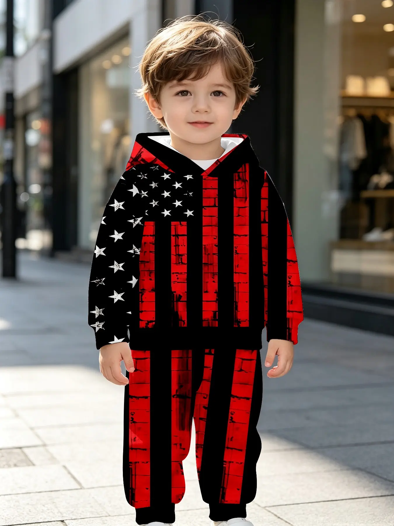 Boys' Vintage American Stars Vertical Stripes Flag Full Print Hoodie Pants Set, Outdoor Wear, Birthday Gift, Ages 1-14