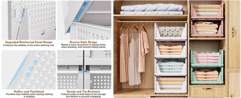 7CODE 5 Pack Stackable Closet Storage Basket, Multifunctional & Foldable Closet Organizer for Bathroom Kitchen Laundry Room Wardrobe Storage, Space-Saving Clothes Storage Drawer Organizer, White