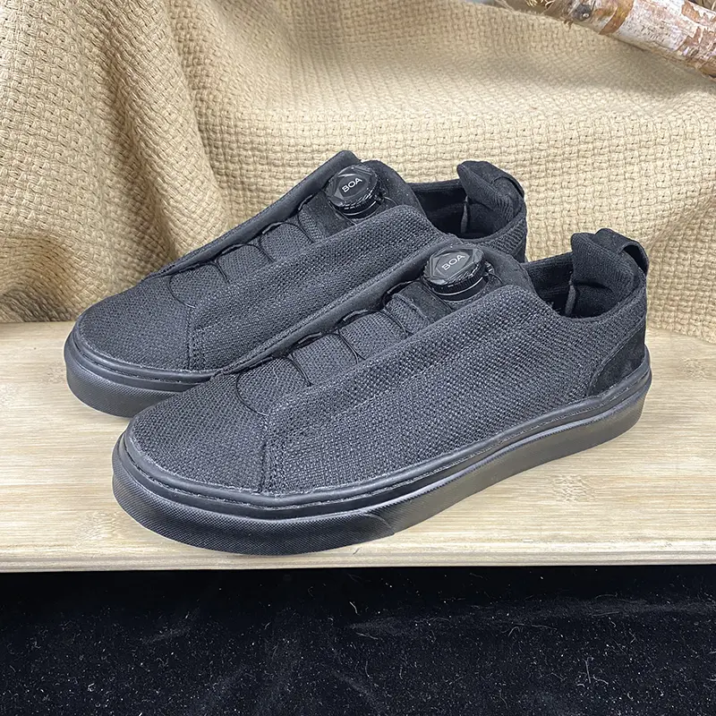 All Black Woven Mesh Slip On Puffy Platform Bread Sneakers Unisex BOA Rotating Quick Lace System Low Top Casual Skate Shoes Full Black Thick Rubber Sole Hands Free Comfort Walking Footwear For Dark Street Minimal Goth Style Men Women Teen Daily Travel Com