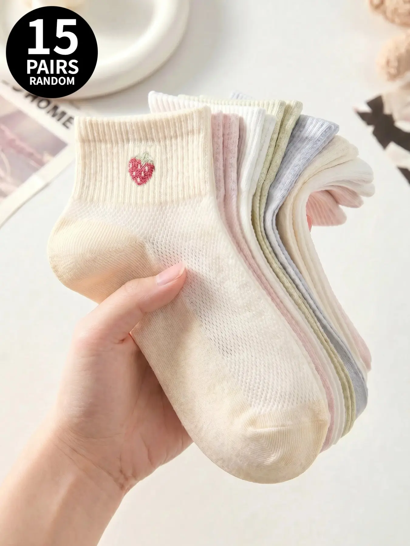 Set of 15 Pairs of Randomly Assorted Pastel-Colored Jacquard Socks: Ankle Socks, Knee-Highs, Thigh-Highs, Women's Socks, Casual Socks—Featuring Bear, Strawberry, Cherry, Heart, and Bow Patterns—Japanese-Style Sweet Women's Sock Set