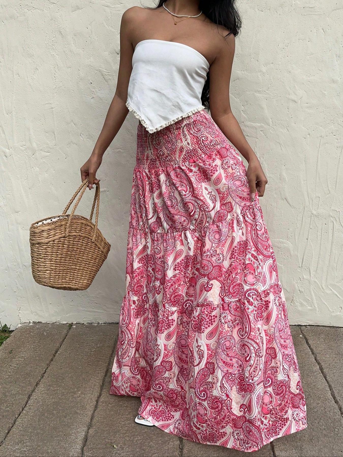 Women's Paisley Print Boho Maxi Dress, Fitted Waist Long Skirt, Comfortable All-Season Woven Fabric, Perfect for Vacation & Casual Wear, Casual Comfy Skirt