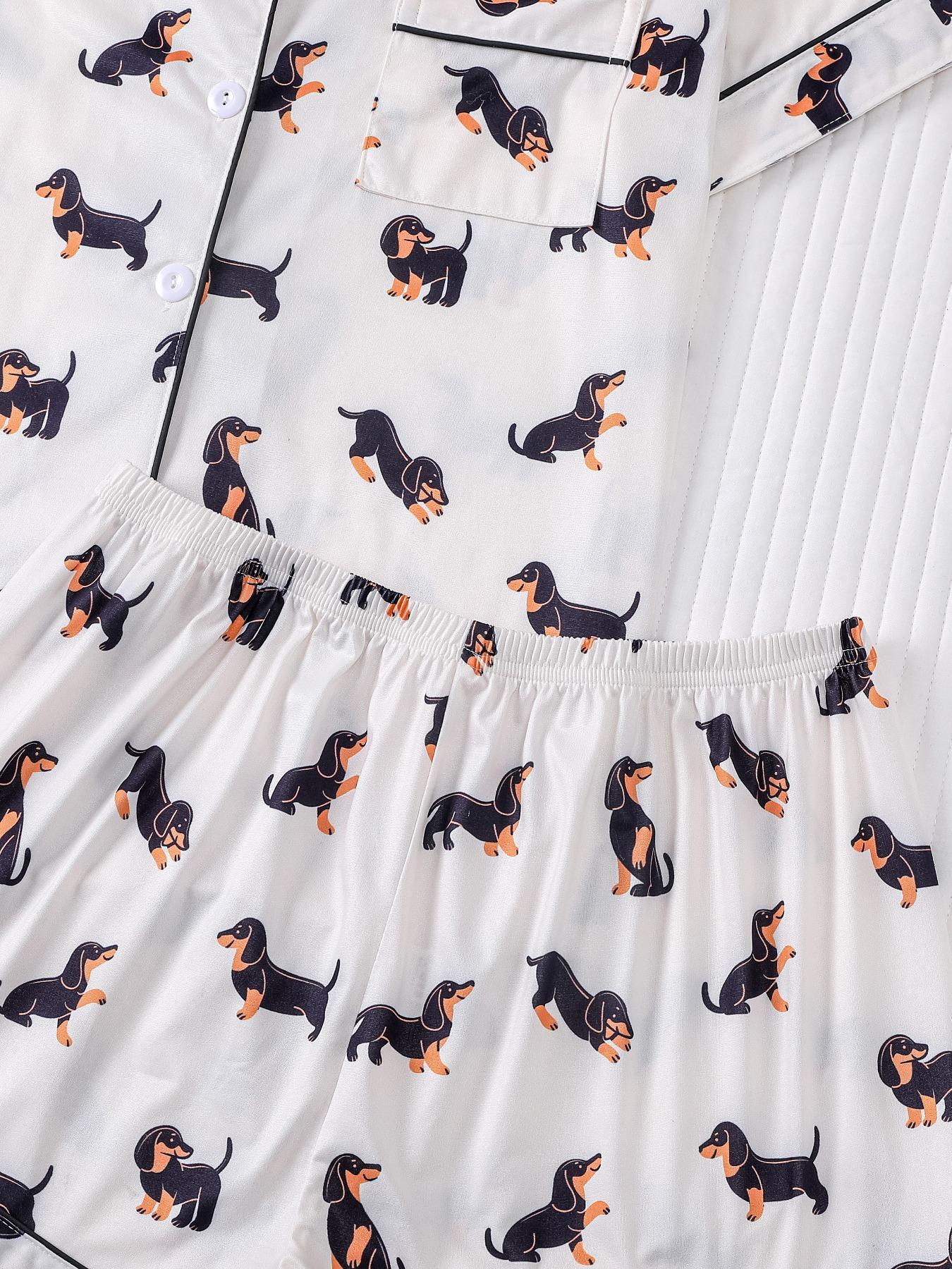 Women's Dachshund Print Shirt & Elastic Waist Shorts Pajama Two-piece Set, Casual Comfy Short Sleeve Top & Shorts Loungewear Set, Ladies Sleepwear for Summer, Womenswear