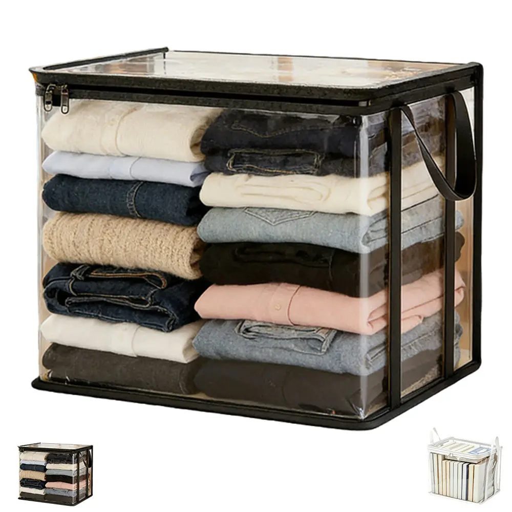 Collapsible Clear PVC Storage Bin with Carry Handles & Zipper Lid, Stackable Foldable Organizer Container for Clothes, Linens, Books & Daily Supplies, Dustproof Visible Storage Box for Bedroom Closet & Home Cabinet Sorting