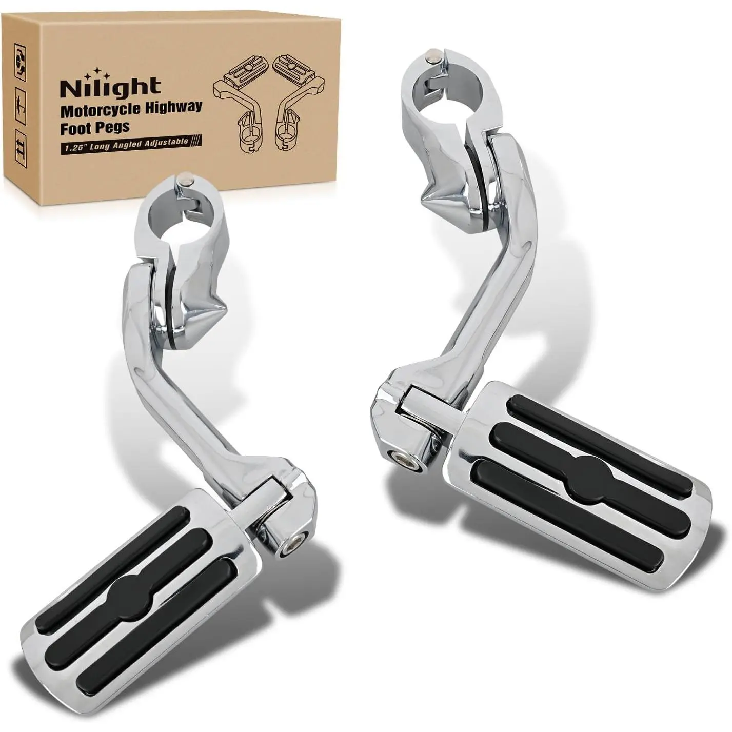 Nilight 1.25 Inch Motorcycle Highway Pegs For Harley Davidson Touring Road King Street Glide Sportster, Adjustable Long Angled Foot Pegs Clamp Universal For 1-1/4 Inch Engine Guard Crash Bars Highway Footpegs