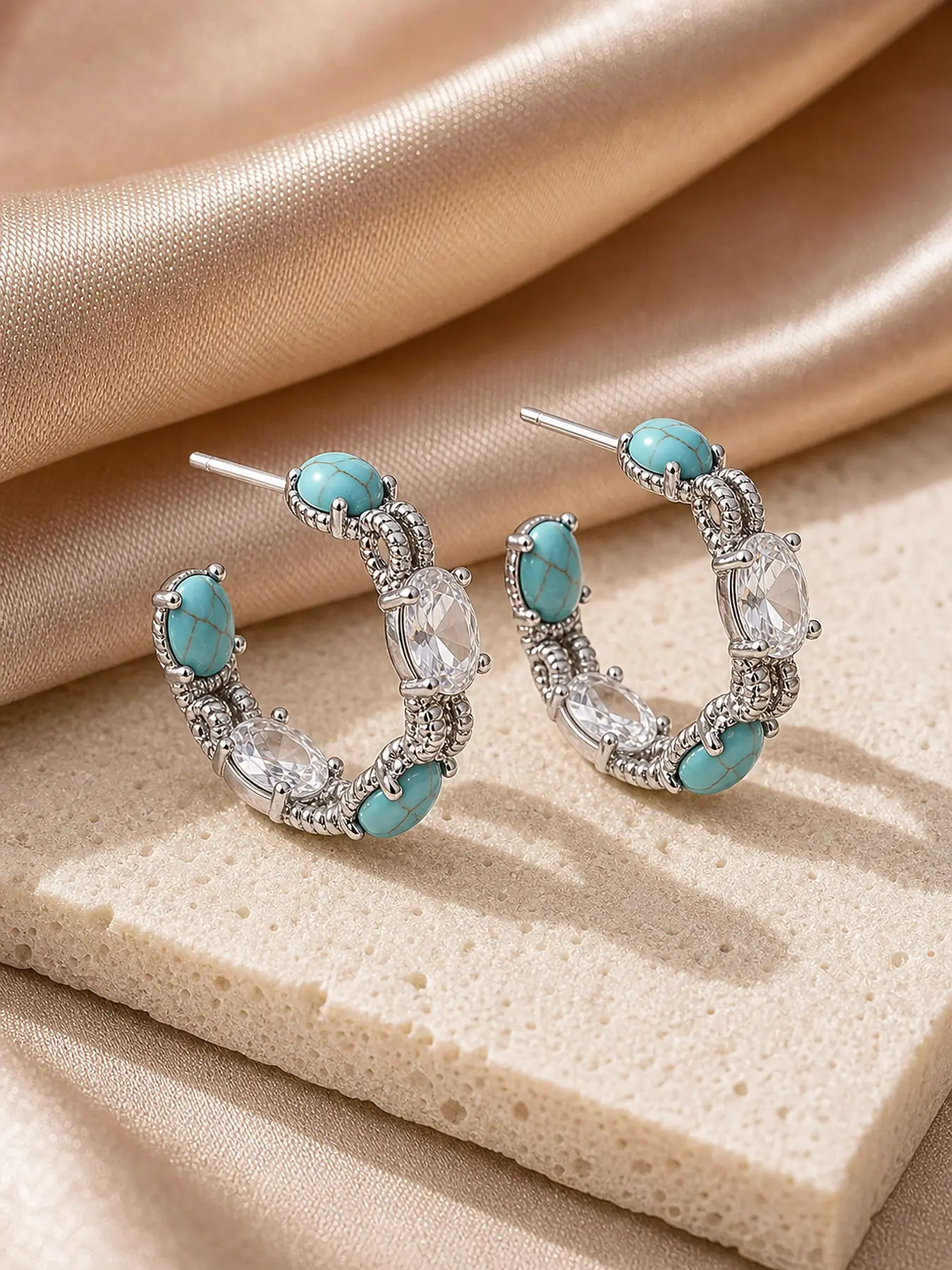 Silver Color Turquoise Zircon C-Shaped Earrings, Vintage Luxury Ear Studs, Elegant Jewelry Accessory for Women
