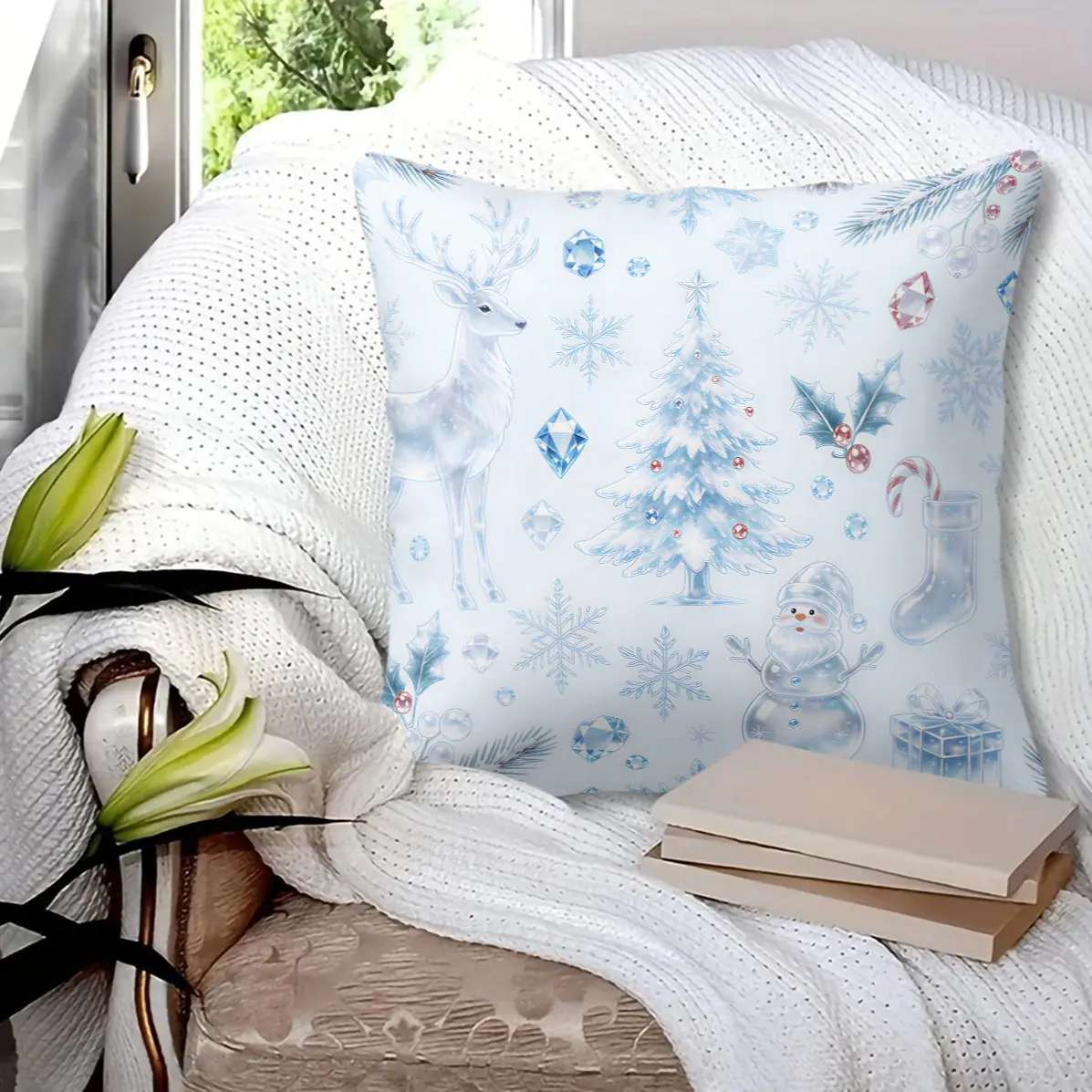 45x45cm 1Pc Christmas Throw Pillow, Reindeer Snowman Tree Print, Warm Winter Home Cushion With Insert