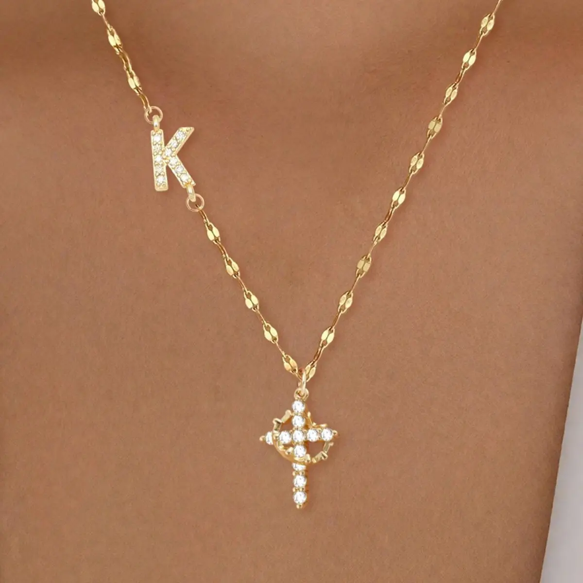 Unisex Metal Plated Gold Copper Full Diamond Rotatable Crown Cross Diamond Pendant Necklace, 26-Letter Charm Costume Jewelry Accessory for Casual, Everyday Use, Adults, Size S