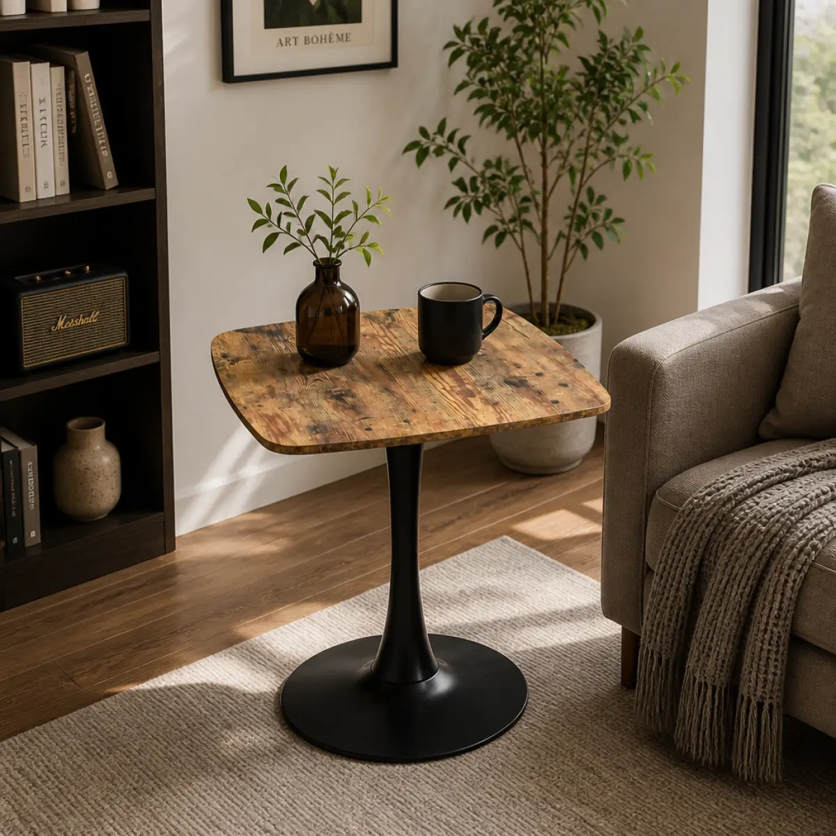 Wood Grain Mid-Century Modern Square Tulip Pedestal Dining Table - Seats 2, Small Size, Compact Space-Saving Bistro Table with Stable Metal Single Column Base, Easy-Assembly MDF Wood Top for Home, Cafe Use