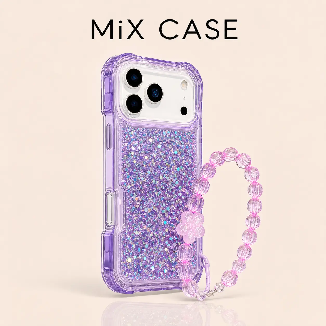 Purple Sparkle Glitter iPhone Case with Matching Beaded Wrist Strap, Shimmer Sequin Design, Clear Soft TPU Bumper & Hard PC Back, ,Phone Cover for iPhone 17/16/15  beautiful solid color luxury shock resistant protective large sweet detail friendly surface