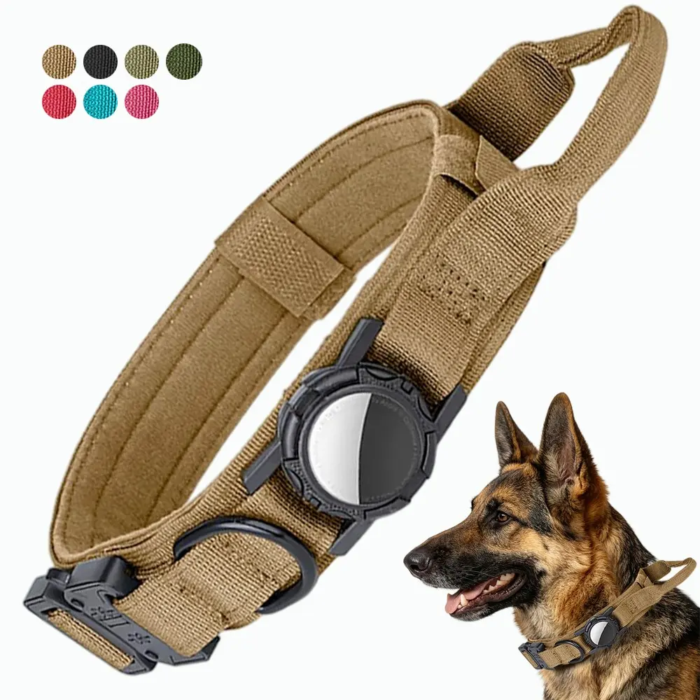 Airtag Dog Collar for Medium to Large Dogs, Tactical Nylon Training Collar with Proximity Control Handle, High-Strength Metal Buckle