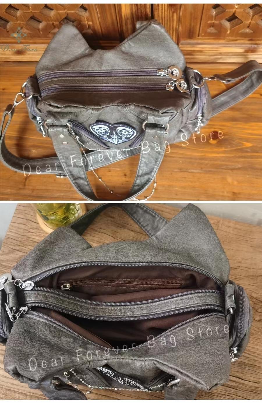 Women's Y2K Vintage Motorcycle Shoulder Bag Fashion Soft PU Chains Multiple Pockets Tote Bags Moto Style Messenger Crossbody Bag