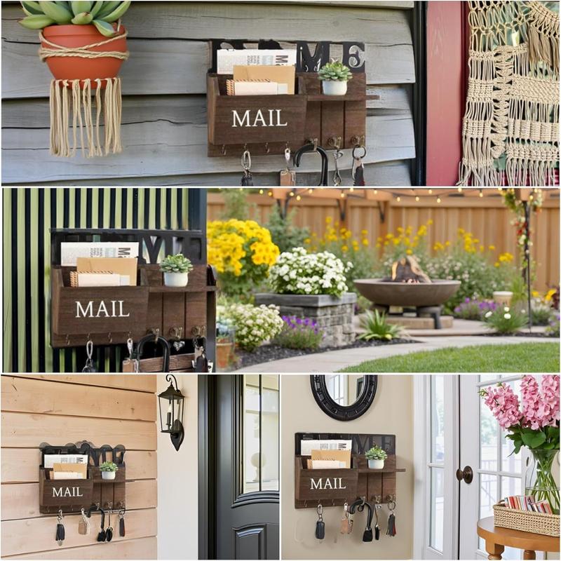 Key and Mail Holder for Wall, Rustic Wooden Mail Organizer with Shelf and 7 Hooks, Space Saving Farmhouse Entry Way Key Rack for Coat,  Leash, Home Accessories (Brown)