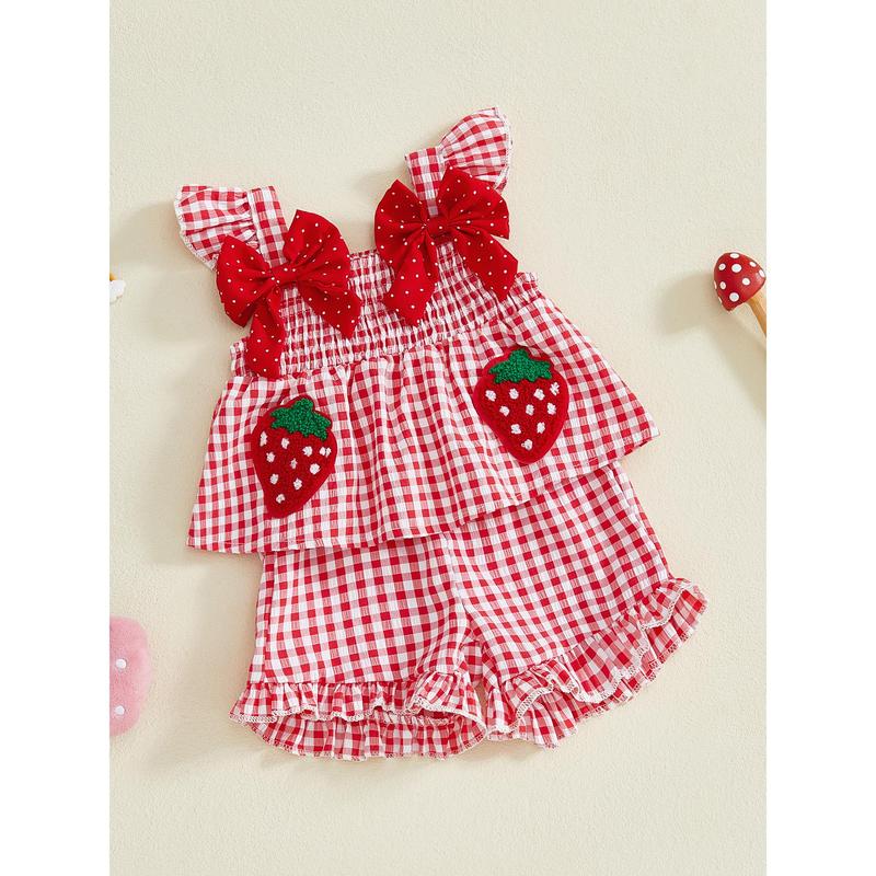 Toddler Baby Girl Summer Outfit Strawberry Embroidered Plaid Bows Ruffled Trim Tank Tops and Shorts 2 Pcs Set 6M-3Y Toddler Baby Girl Summer Outfit Strawberry Embroidered Plaid Bows Ruffled Trim Tank Tops and Shorts 2 Pcs Set 6M-3Y