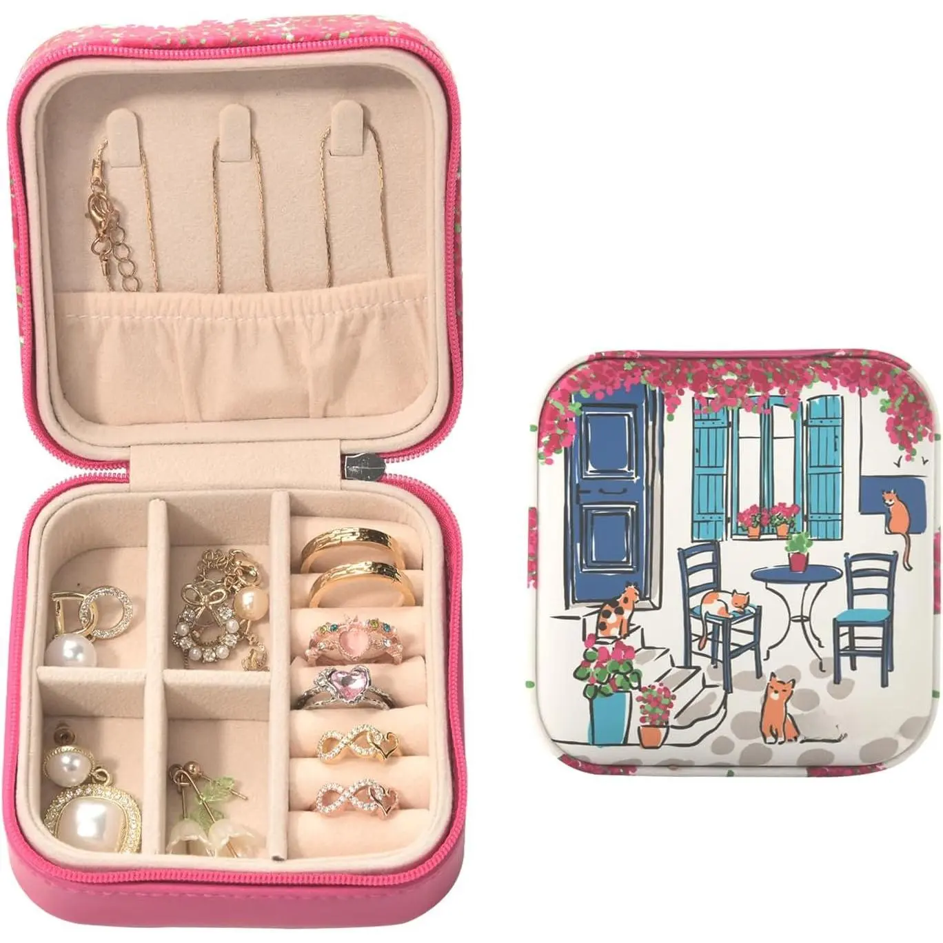 Mini Travel  Box, Personalised , Four Cats | 3.94" x 3.94", pu leather surface, soft  lining, portable, removable partition, for earring, necklace, rings, bracelets