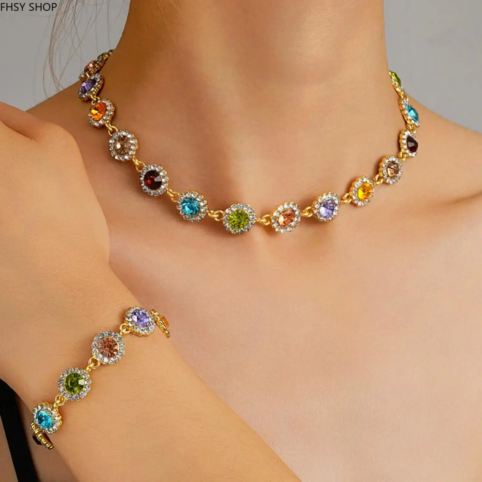 Women's 2-Piece Colorful Simulated Coloured Gemstone Jewelry Set - Female Necklace & Bracelet with Sporty Wristband Compatibility, Versatile Accessory for Gym & Daily Looks, Synthetic/Simulated Coloured Gemstone