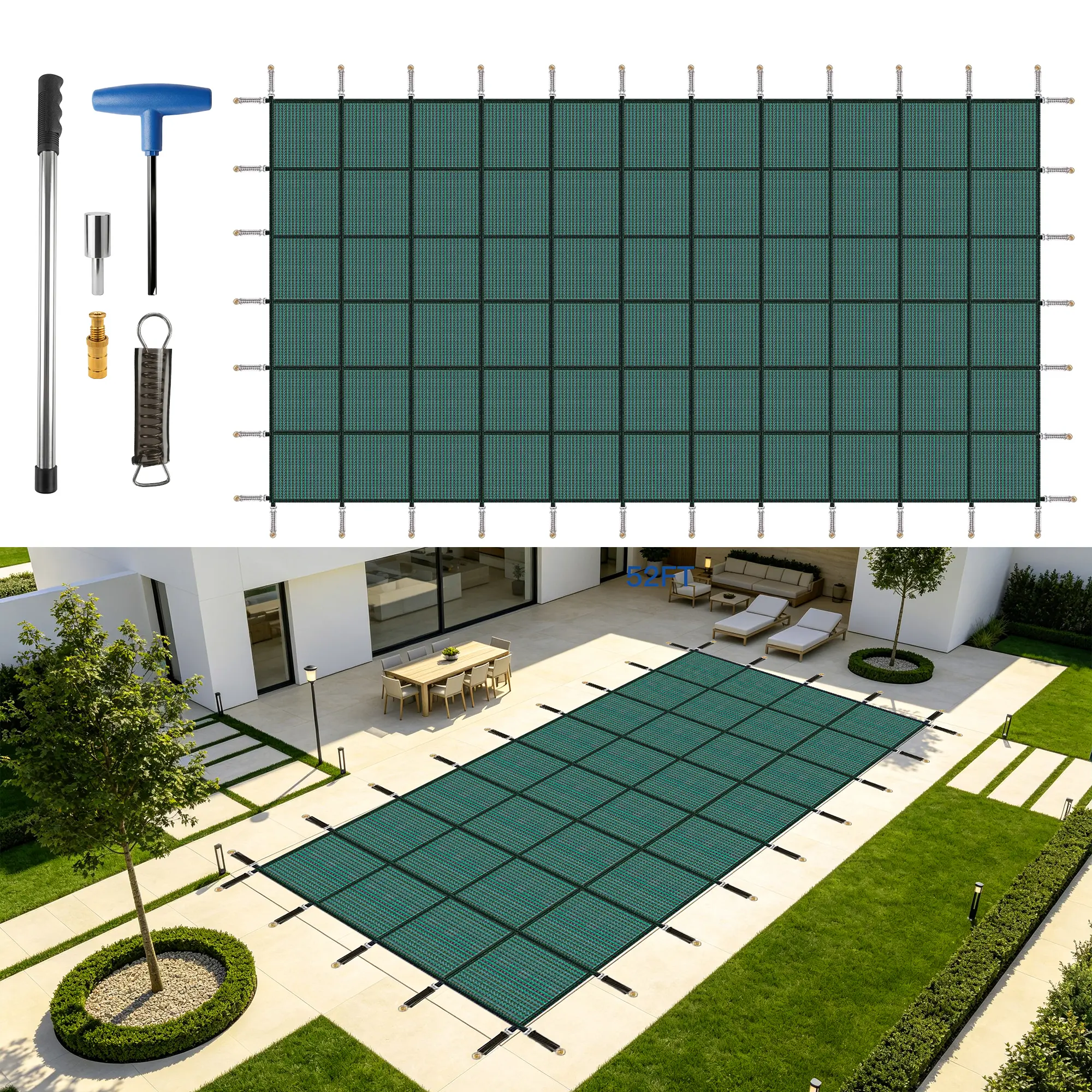 ARCH Rectangular Inground Pool Safety Cover Winter Pool Cover for Swimming Pools 30x50ft High Strength Mesh PP Green with Installation Tools Brass Anchors Stainless Springs ASTM F1346 UV1000 32x52ft, Green Color Options, Polypropylene Material