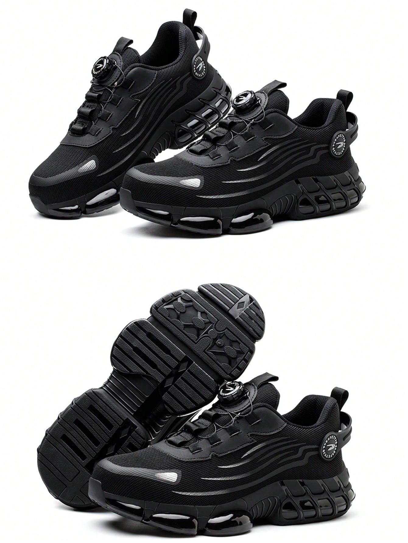 Unisex Anti-Smash Safety Shoes, Steel Toe Caps, Anti-Slip, Breathable,Industrial Construction Sports Rotatory Lace-Free Casual Hiking Shoes Black Gray