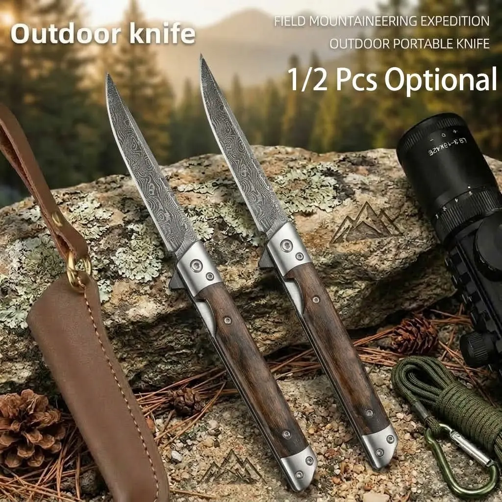 2026 Upgraded Camping Knife Folding Pocket Knife Ultra Durable – Handmade Damascus Pattern Stainless Steel Blade with Rosewood Handle & Sheath, Tactical Survival Tool for Outdoor BBQ Fishing