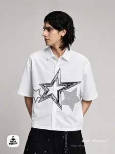 Visual Hierarchy Rich Liquid Metal Reflective Graffiti Print Casual Shirt, Trendy Short Sleeve Top, Graphic Design Fitted Clothing