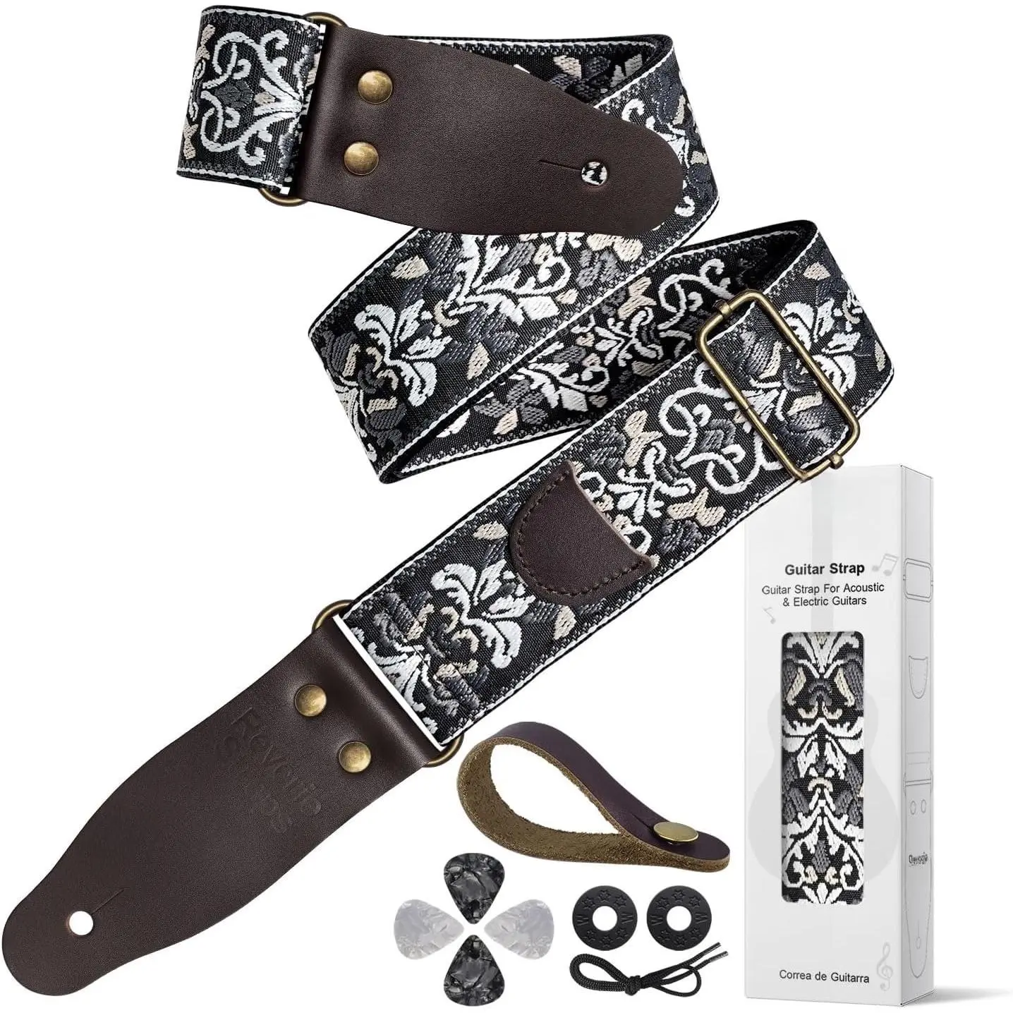 Jacquard Embroidered Guitar Strap, Genuine Cowhide Leather Ends, Adjustable for Bass Electric Acoustic