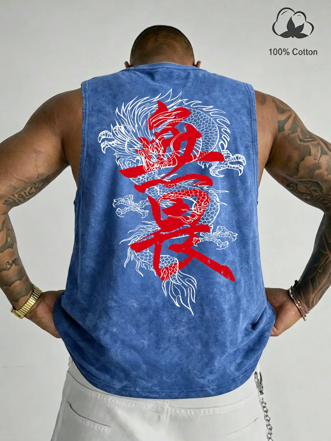 100% Cotton Washed Breathable Crew Neck Tank Top, Chest & Back Dual Chinese Dragon Fearless Calligraphy Graphic Print Loose Vintage Oriental Gym Sleeveless Vest #DragonTank #OrientalStreetwear #ChineseCalligraphy #WashedVintageVest #TikTokMadeMeBuyIt