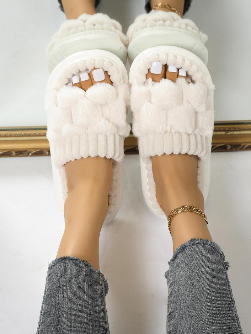 Women's Solid Color Fluffy Plush Slippers, Casual Soft Comfortable Home Slippers, Fuzzy House Slippers, Warm Slippers for Indoor & Outdoor Use for Fall & Winter