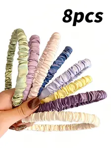 8Pcs Thin Pleated Satin Hair Hoops, Pastel Candy Solid Color Non Slip Headbands, New Comfortable No Pressure No Slipping Broken Hair Hair Bands, Versatile Casual Hair Accessories for Thick Hair Girls & Women Daily Look