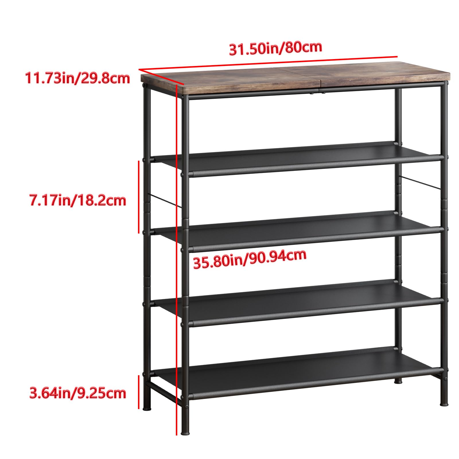 LINZINAR 5 Tier Metal Shoe Rack Organizer with Industrial MDF Board & Layer Fabric for Entryway Closet Bedroom Living Room Garage Storage A001