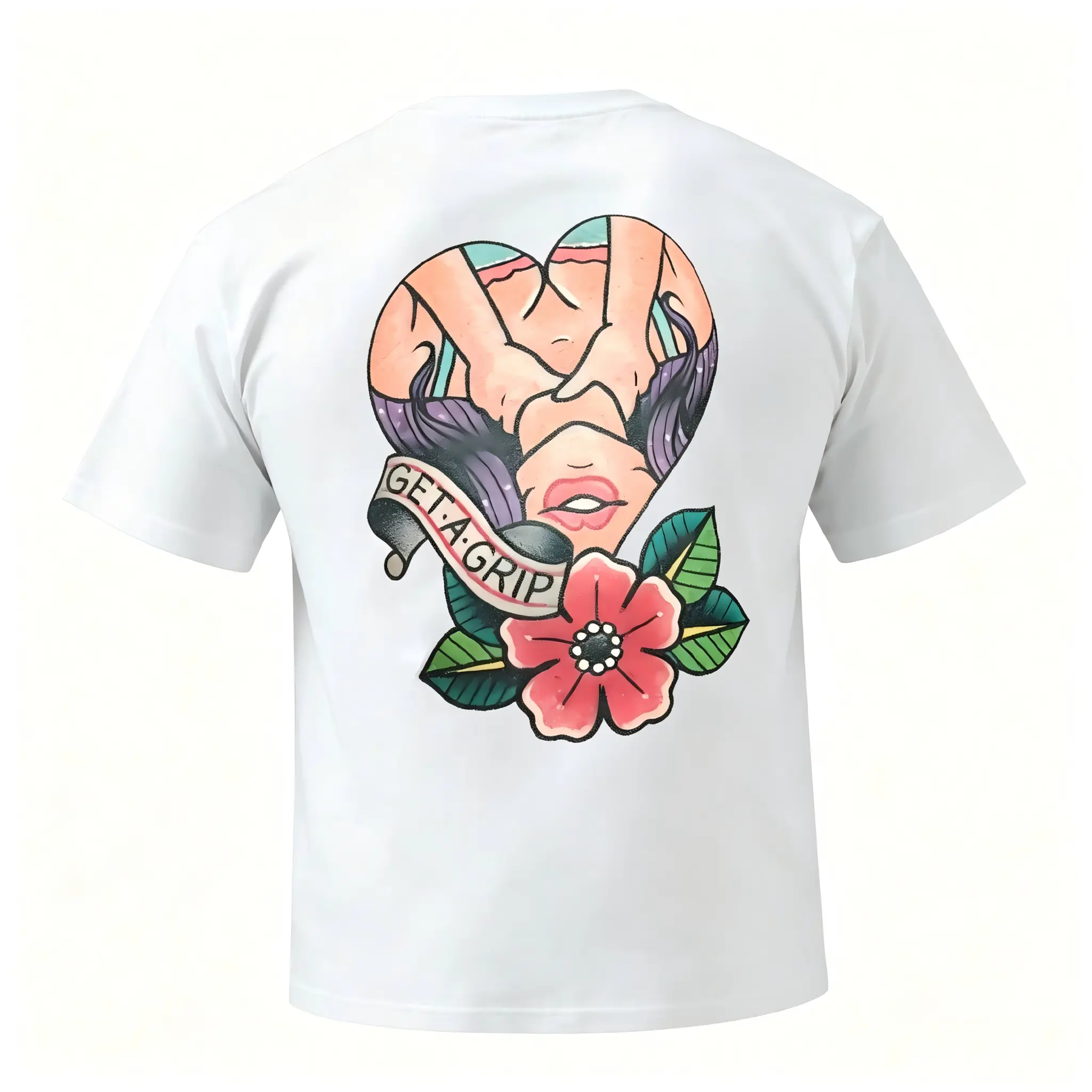 Get A Grip T-Shirt, Old School Tattoo Heart Frame Graphic Tee, 100% Cotton Back Print Streetwear Top for Women Men, Retro Casual Wear, Shortsleeve, Loose, Menswear, Tshirt, Round Neck, Relaxed Fit, Cold Wash, True Size, Heart T-Shirts