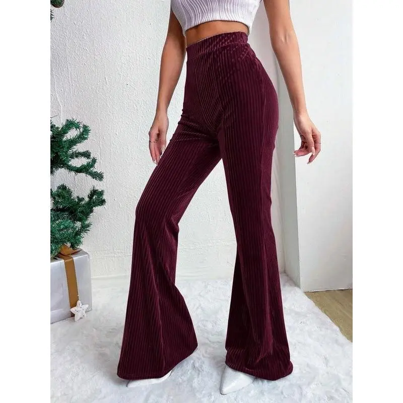A pair of high-waisted, solid-colored corduroy flared pants for women, which are slimming, casual and versatile.