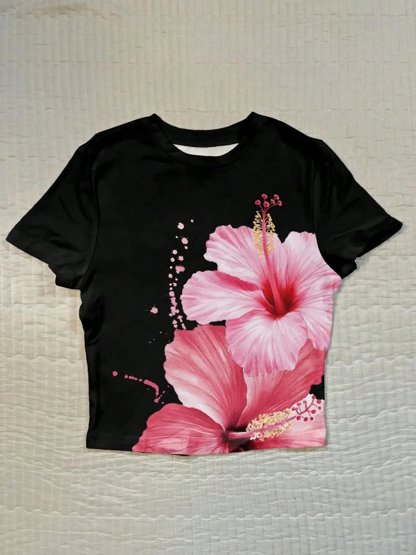 Tropical Hibiscus Print Short Sleeve T-Shirt for Women, Splatter Slim Fit Crop Top, Hawaiian Vacation Y2K Style, Casual Summer Top