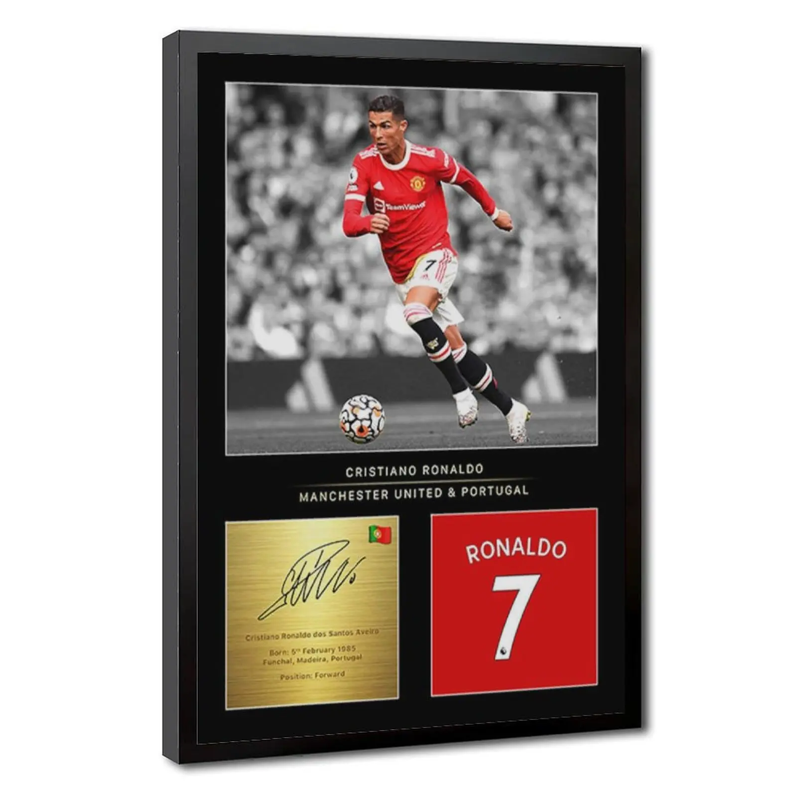 Cristiano Ronaldo CR7  Framed Canvas Wall Art Red Number 7 Jersey with Reproduced Digital Signature Soccer Wall Picture for Room Dorm Gym Decor