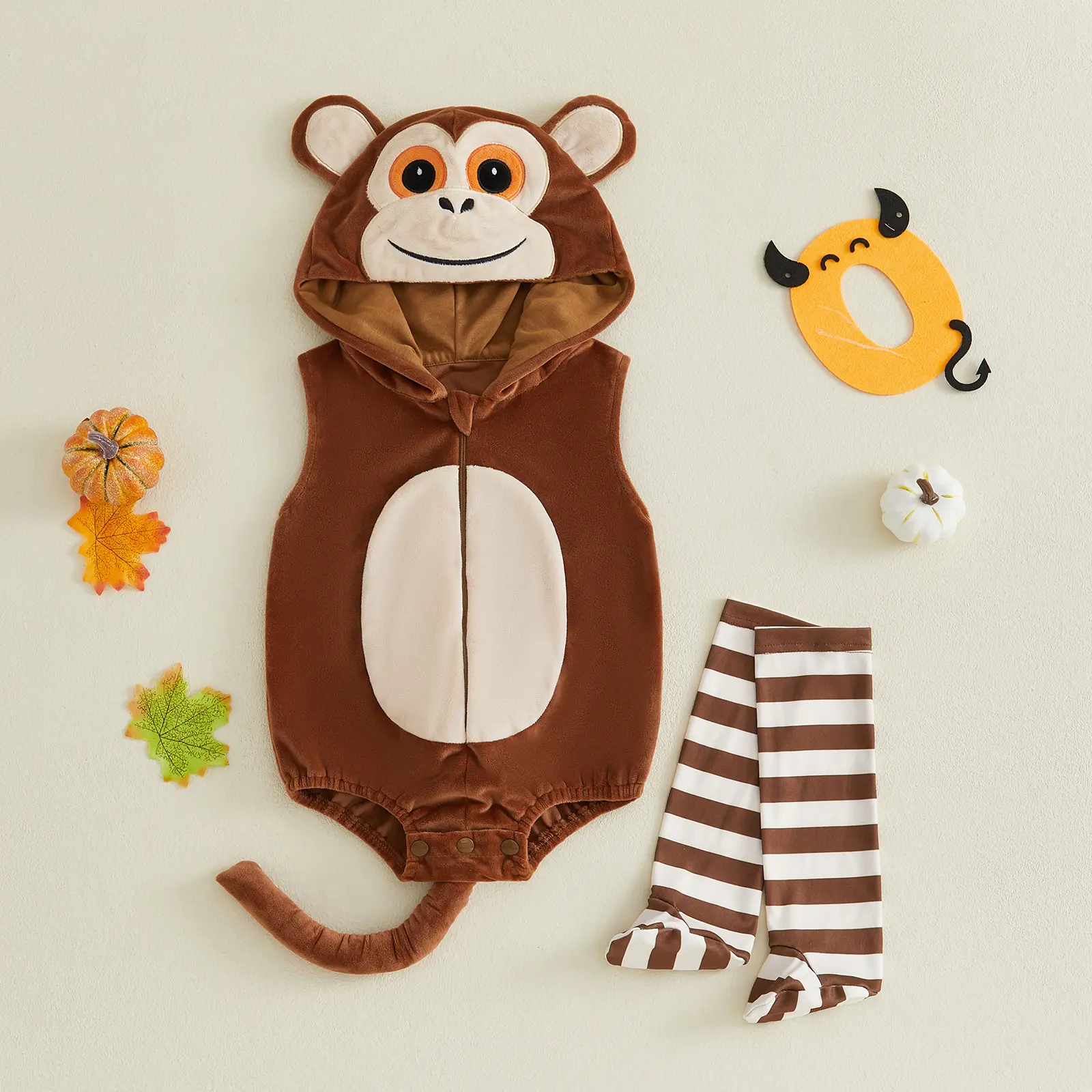 Meihuida Infant Baby Boy Girl Monkey Halloween Costume Cute Plush Long Sleeve Hooded Romper and Striped Stockings Set 0-18 Months