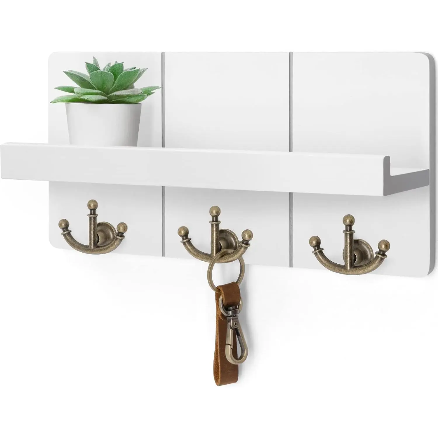 Key Holder for Wall with Shelf: Elegant  Mail Organizer with Decorative Floating Shelf and 3 Anchor Key Hooks for Wall - Retro Key Hangers for Entryway Decor (Rustic White)