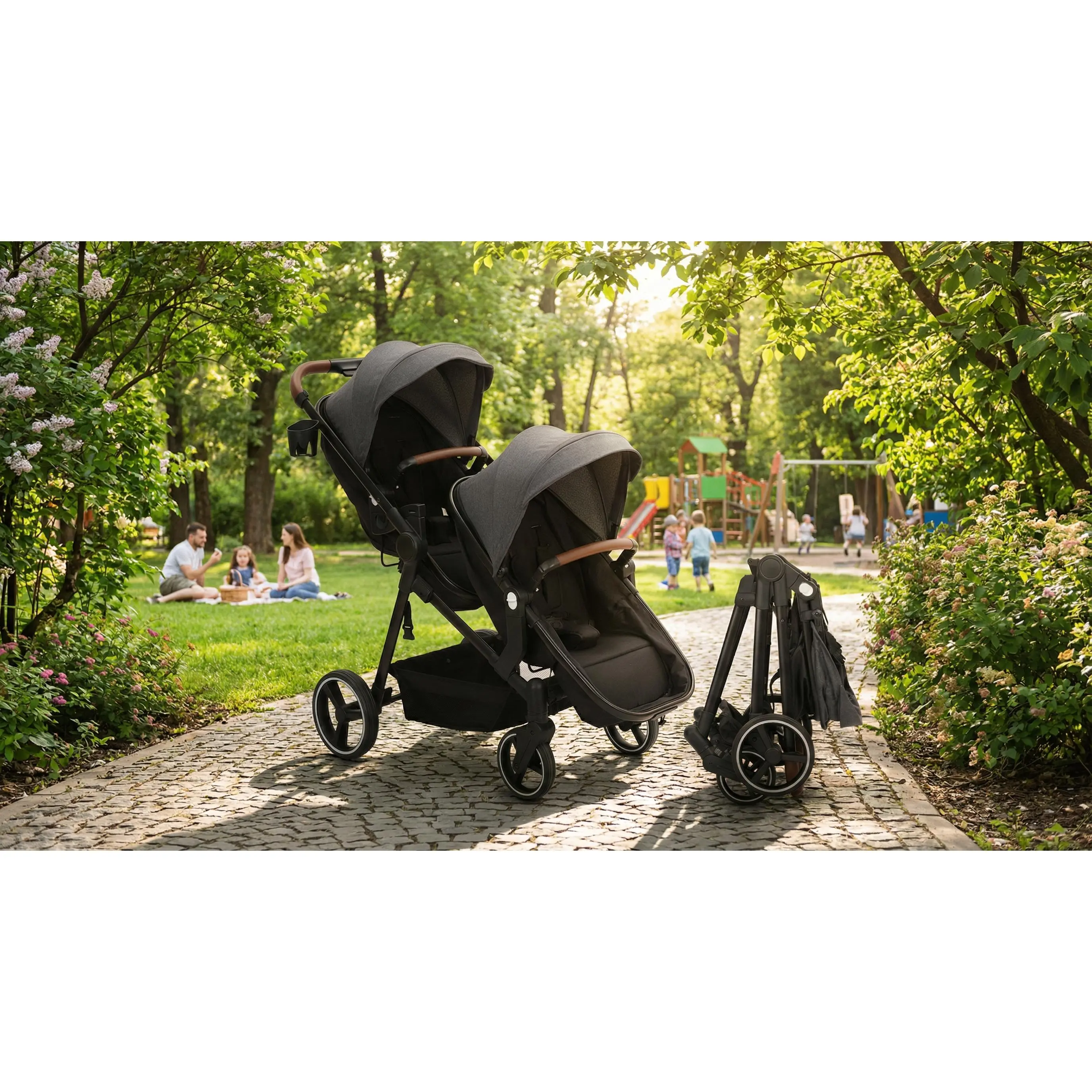 Double Tandem Stroller for Twins, 2-in-1 Convertible Bassinet & Toddler Pushchair with Reversible Parent-Facing Seats, One-Hand Fold, All-Terrain Wheels, Large Storage Basket & Canopy