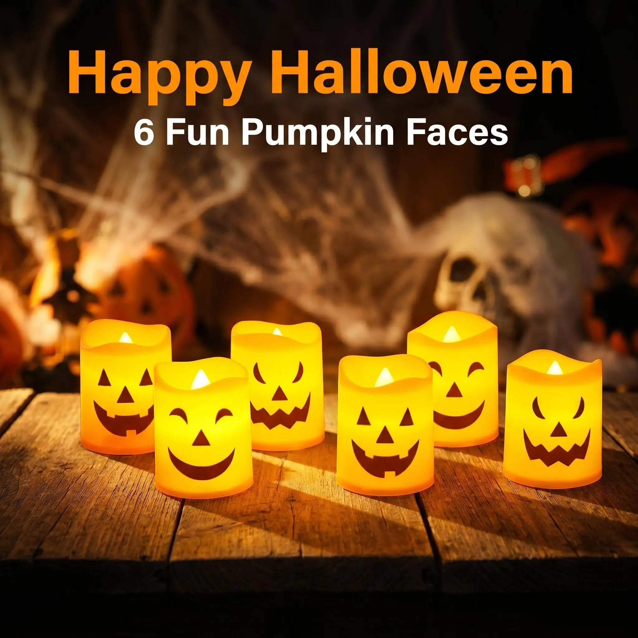 6PCS  Festive Halloween Pumpkin Candles, Flameless Glittering Tea Candles, Tea Lights, Mini Pumpkins, Suitable for Spooky Room Decorations, Halloween Party Supplies, and Indoor Fall Home Table Decorations