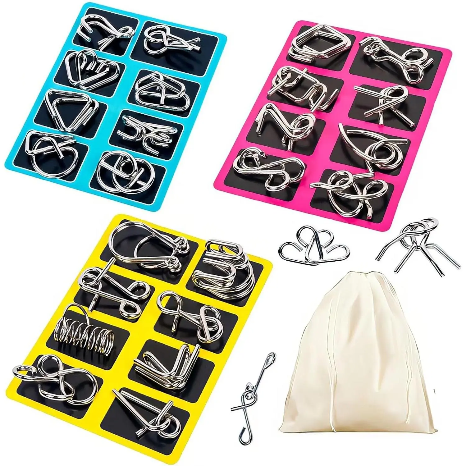 Metal Wire Puzzle Set of 24 with Pouch, Brain Teaser IQ Test Disentanglement Iron Link Unlock Interlock Game Chinese Ring Magic Trick Toy for Party Favor Kids Adults Challenge