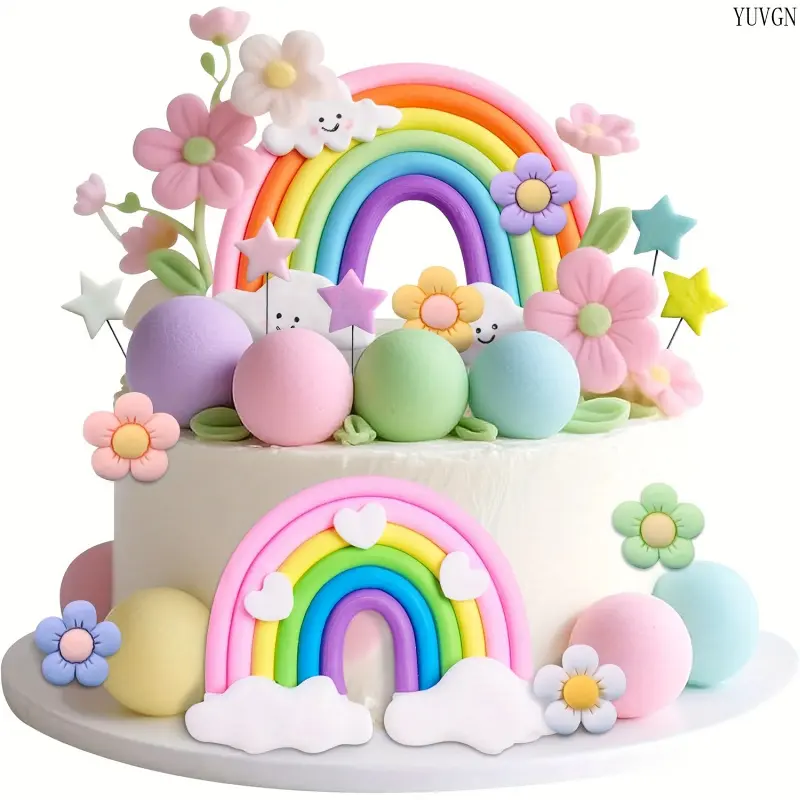Pastel Rainbow & Ball Cake Toppers, Boho Cake Decor Picks, Mini Balloon and Glitter Golden Ball Topper Sticks, Rainbow Theme Party Supplies, Ideal Decor for Birthday, Halloween and Christmas Celebrations