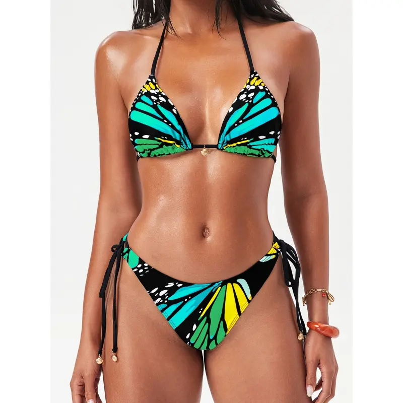 Women's High-Waisted Cheeky Bikini Set - Stretchable, Lace-Up Detail, Vibrant Blue & Black Butterfly Print, Adjustable Straps, Tummy Control, Beach Pool Swimwear