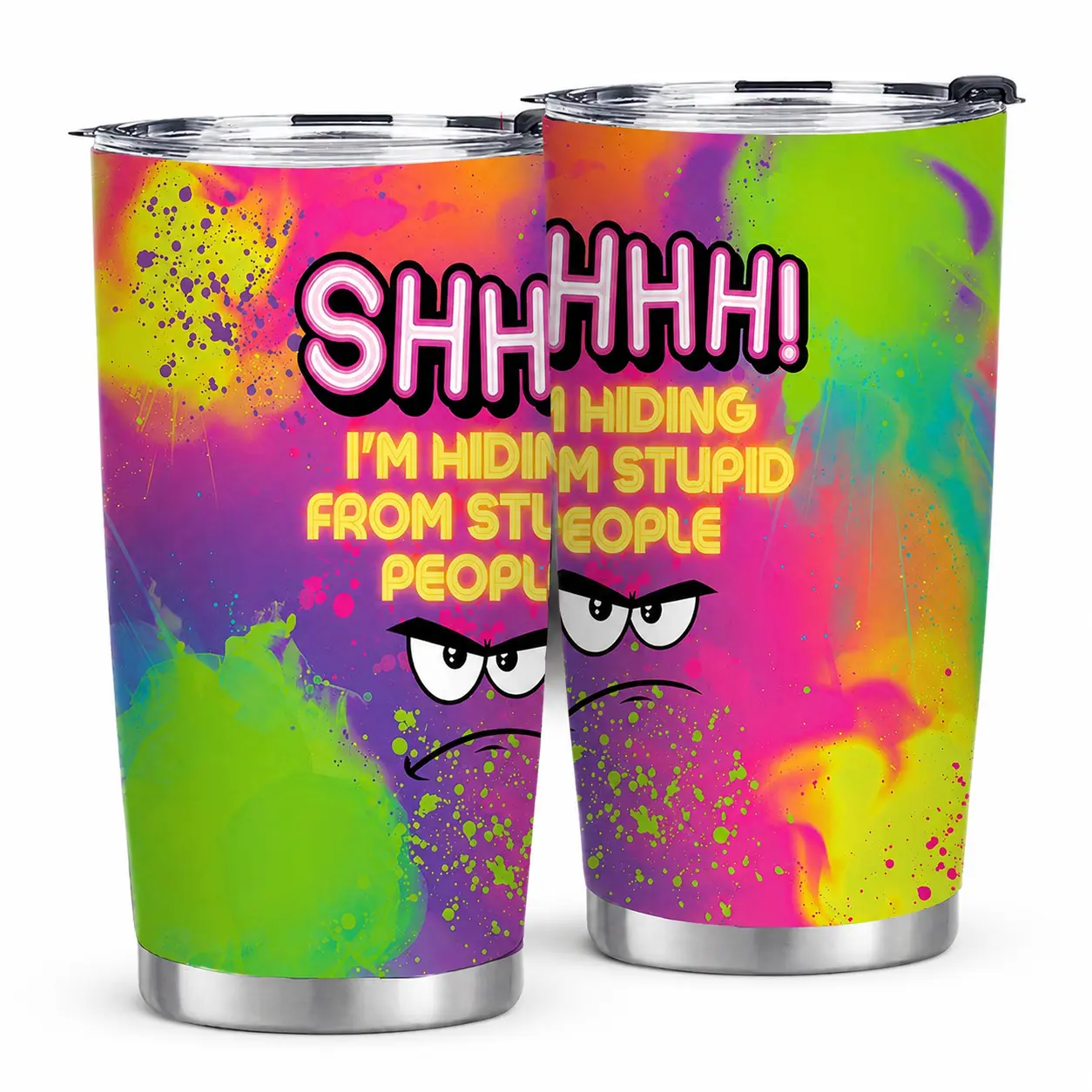 Funny Sarcastic 20oz Stainless Steel Insulated Tumbler with Lid, "I’m Hiding from Stupid People" Colorful Printed Travel Coffee Mug, Gift for Friends Coworkers Women Men