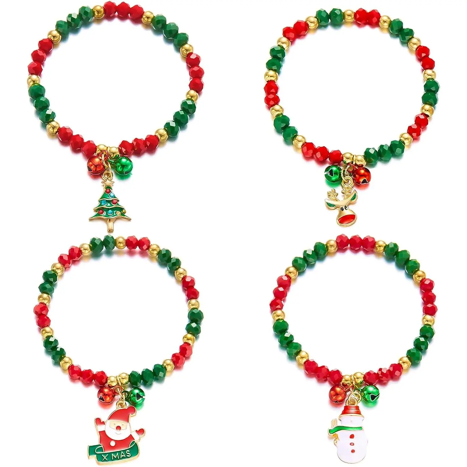 4 count Christmas Bracelet Set Santa Claus Snowflake Christmas Tree Beaded Stretch Bracelet for Women Thanksgiving Xmas Holiday Party Gifts