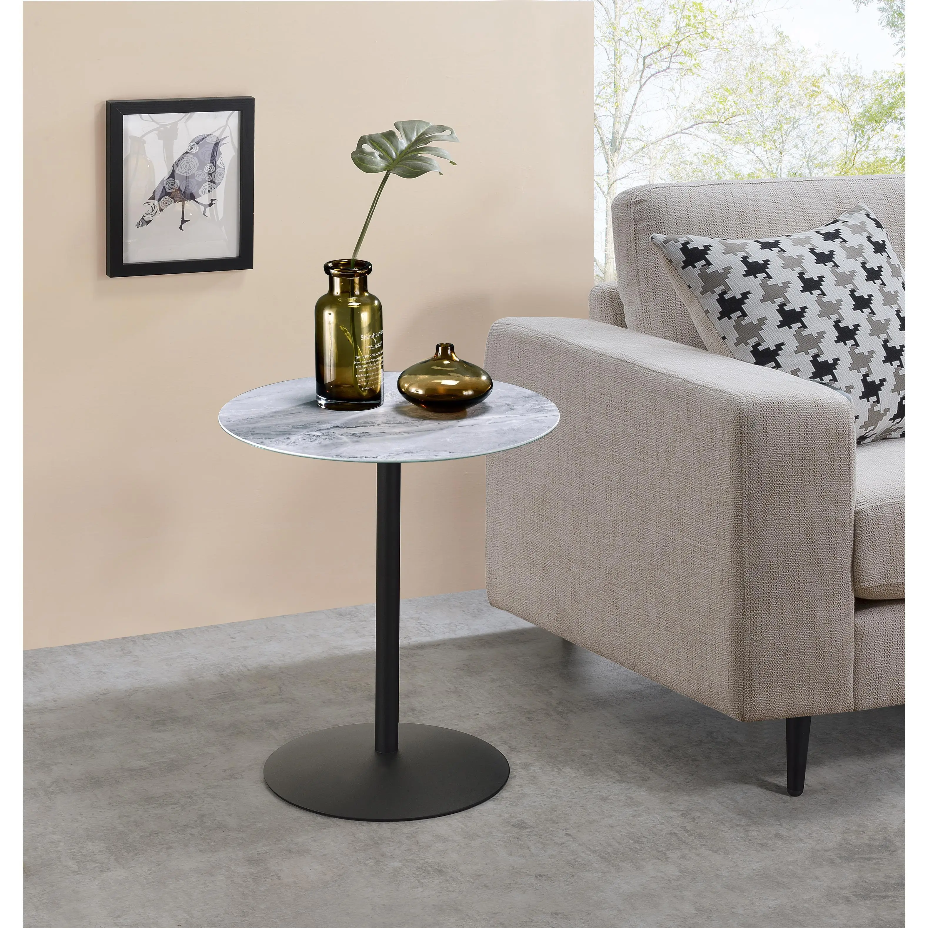 Gray Marble Textured Glass End Table with Steel Frame, 17.5-Inch Square Top, Modern Accent Side Table for Living Room, Bedroom, or Office