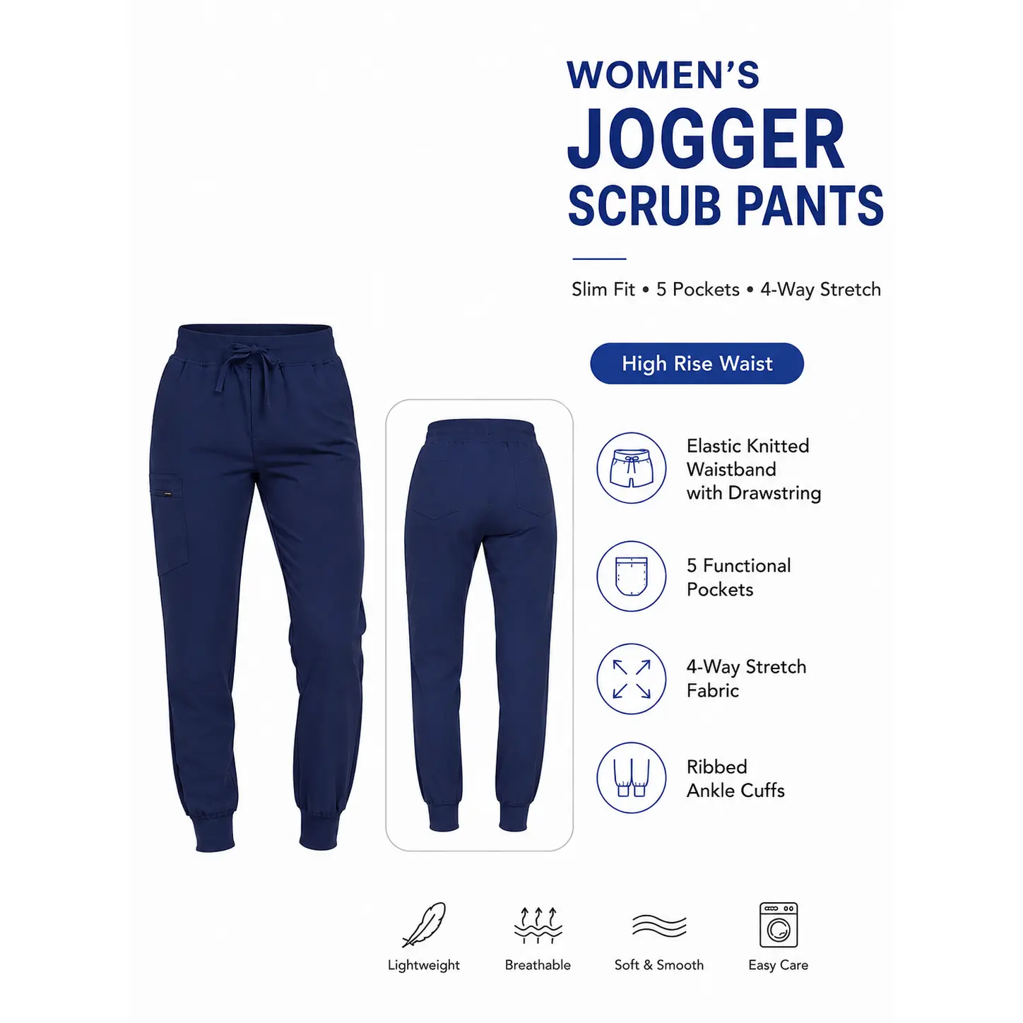 Women's Soft Jogger Scrub Pants with 5 Pockets and Ribbed Cuffs, High-Rise 4-Way Stretch Medical Garment with Zipper Pocket, Lady, Basics, Slim, Fabric, Style, Comfy
