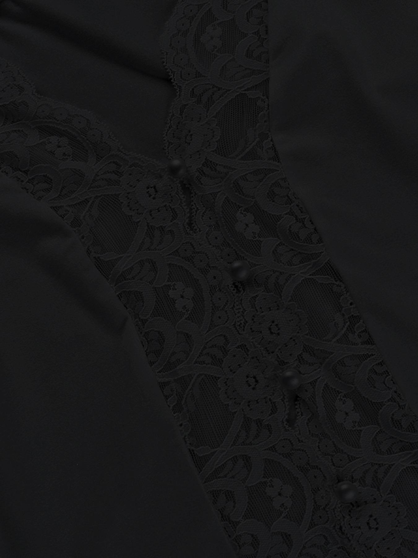 Women's Contrast Lace Button-Front Flounce-Sleeve Tee Blouse, Elegant Deep V- Neck Scallop Trim Long Sleeve Top for Spring & Fall, Ladies Clothes for Daily Wear