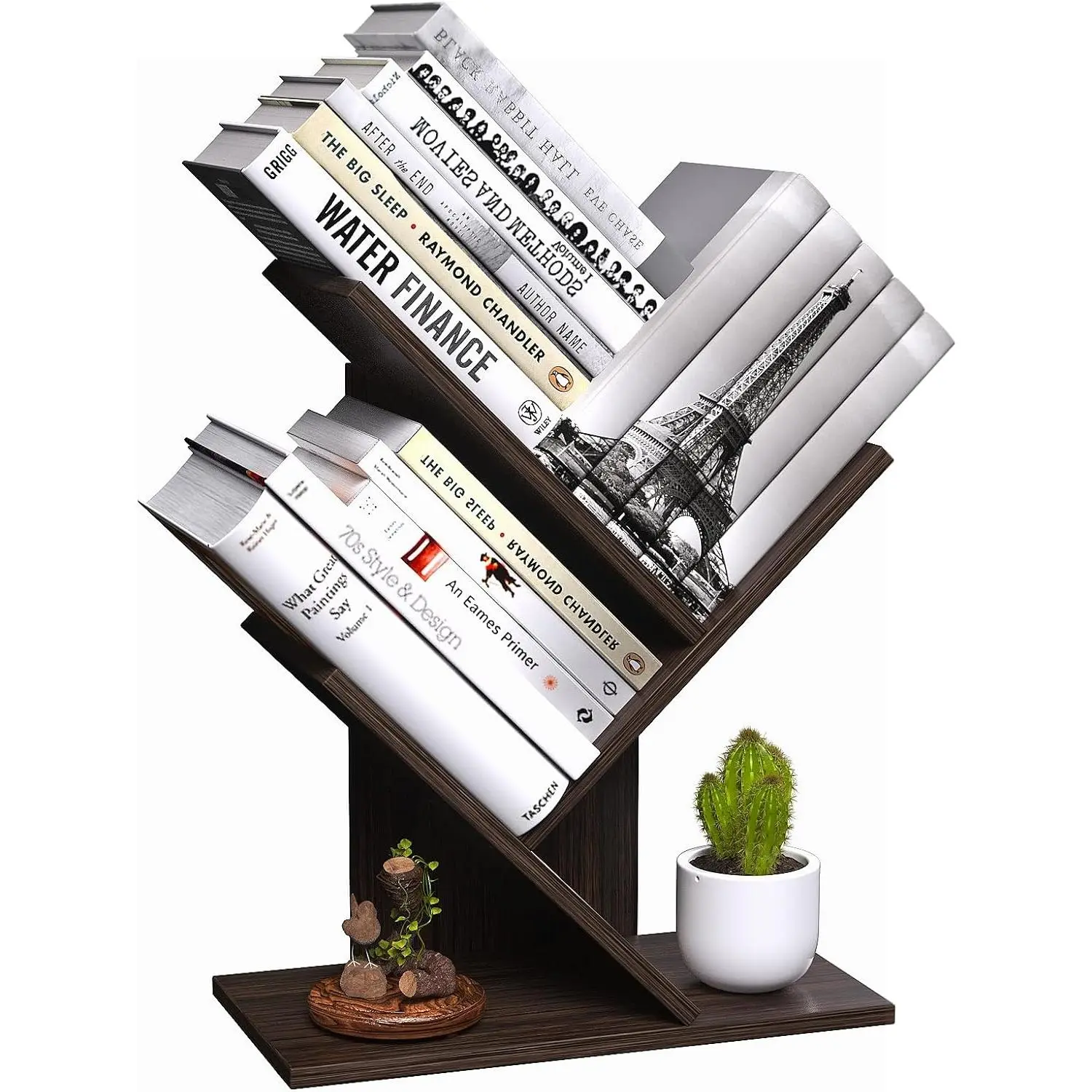 3 Tier Small Tree Bookshelf Desk Book Organizer Narrow Bookcases for Books Magazines CDs Free Standing Retro Wooden Storage Shelves for Home Office Bedroom Living Room Dark Walnut